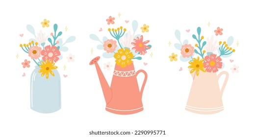 Set of cute beautiful flower bouquets in jar, jug and watering can. Vector illustration in flat style. Floral decor for invitations, postcards, stickers