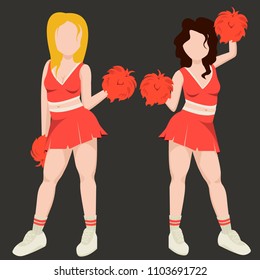 Set cute, beautiful Girls are cheerleaders in red skirts and tops, with red pompons in white socks, sneakers. Modern vector image design isolated on black background