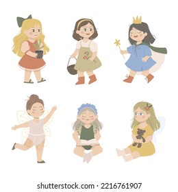 Set with cute beautiful girls. Girls play in the kinder garden. Various activities for children. Characters with different hairstyles and dresses. Kids vector illustration