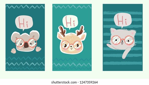 Set of cute beautiful illustrations with animals in glasses. Vector illustration, koala, deer, cat. 
