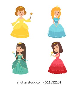 Set of cute beautiful princesses vector character. Adorable elegance style princesses, little girls. Fashion fairytale costumes. Illustration of beautiful princesses in dresses.