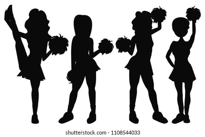 Set cute, beautiful silhouette Girls are cheerleaders in skirts and tops, with pompons in socks, sneakers, kedas in difficult positions. Modern vector image design isolated on white background