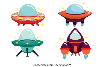 Conjunto de lindas y hermosas naves espaciales y cohetes al estilo de las caricaturas. Ilustración vectorial de platillos voladores, cohetes y estrellas aislados en fondo blanco. Objeto espacial.