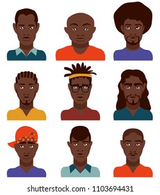 Set cute, beautiful stylish African American men with different hairstyles, clothing teens, adult men, different professions. Modern vector image design isolated on white background