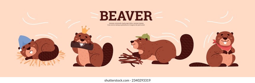 Set of cute beavers in different poses, cartoon flat vector illustration on beige background. Funny wild animals sleeping, chewing wood and building dam. Cheerful beaver wearing hat.