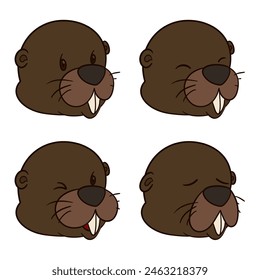 Set with cute beaver's face and four gestures: normal, calm, wink and worried. Group in cartoon style.