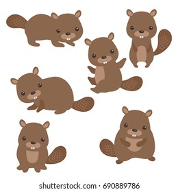 Set of cute beavers on white background.