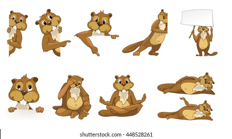 Set of cute beavers posing with white blank placard. Set of cheerful and happy beavers sitting, lying and relaxing while doing yoga. Vector illustration isolated on white background.