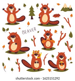 Set of cute beavers. Sticker. Children's, funny. Cartoon comic book style vector illustration of forest wild animals.