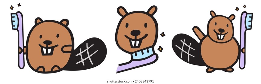 Set of cute beavers with toothbrush. Design about dental hygiene for kids. Flat isolated vector illustrations on white background. 