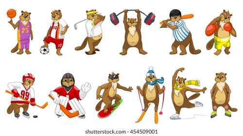 Set of cute beavers wearing sport uniform and using sports equipment. Beavers is playing football, hockey, baseball, basketball. Beavers is skating. Vector illustration isolated on white background.