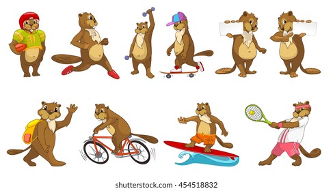 Set of cute beavers wearing sport uniform and using sports equipment. Beavers playing rugby, tennis. Beavers running, lifting dumbell, riding bicycle. Vector illustration isolated on white background.