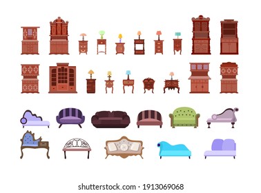  mesitas de noche, armarios, cómoda con lámparas de mesa eléctrica, sofás aislados en un fondo blanco. Colección de muebles antiguos. Ilustración vectorial en estilo plano