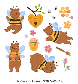 Set of cute bee bears isolate on white background. Vector graphics.