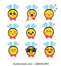 Set of cute bee cartoon character.  Emoticons with different facial expressions.