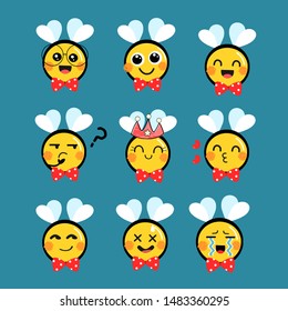 Set of cute bee cartoon character on blue background.  Emoticons with different facial expressions.