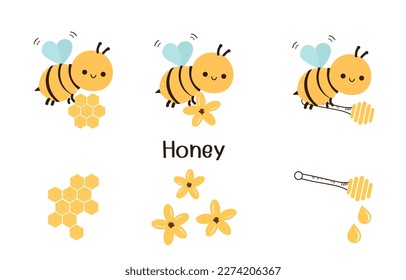 Set of cute bee cartoons, beehive honey sign, yellow flower and honey stick isolated on white background vector illustration.