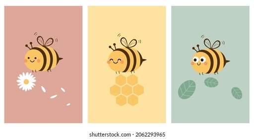 Set of cute bee cartoons with daisy flower, beehive honeycomb and green leaves on pink, yellow and green background vector illustration. Boho chic color style.