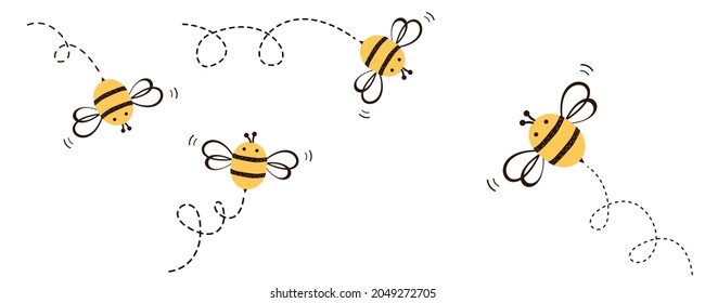 Set of cute bee cartoons with dotted line icons isolated on white background vector illustration.