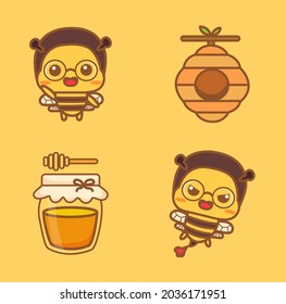 Set of cute bee character with beehive and honey .Cartoon vector illustration