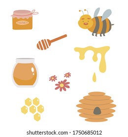 Set of cute bee, delicious healthy honey, jars, beehive, honey spoon, flower, honeycombs. Hand drawn colored trendy vector illustration. Cartoon style flat design. All elements are isolated.