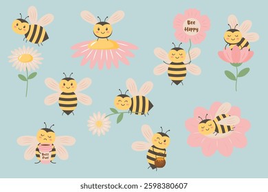Set of cute bee in different poses. Collection of cartoon bees and chamomiles, flowers and other elements.