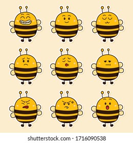 Set of Cute Bee Face Emoticons. Children Illustration. Kawaii Face Animals Illustration