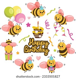 Set of cute bee happy birthday