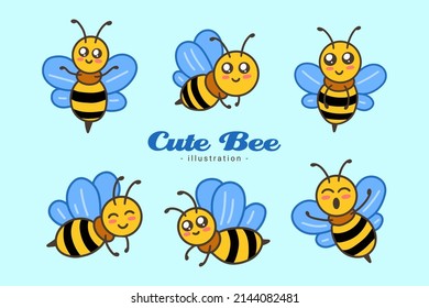 Set of Cute Bee Honey Animal with different pose cartoon clipart childish little bee mascot flat design