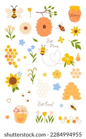 Set of cute bee honey elements isolated on white background. Vector graphics.