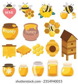 Conjunto de adorables abejas, miel, abeja, jarra y flor al estilo vectorial plano. Recurso gráfico sobre la naturaleza para fondo, gráfico, contenido, banner, pegatina.