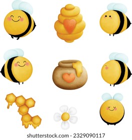 Set of cute bee , honey , house bee, jar and flower in flat vector style. Graphic resource about nature for Vector Illustration.