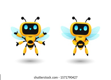 Set of cute bee robot ai character in happy and confidence pose, kawaii mascot vector for future concept illustration 
