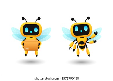 Set of cute bee robot ai character in delivery and greeting pose, kawaii mascot vector for future concept illustration 