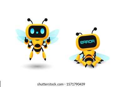 Set of cute bee robot ai character in show thumb up and error pose, kawaii mascot vector for future concept illustration 