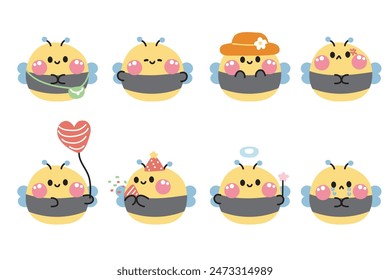 Set of cute bee round shape pastel in various poses and feeling on white background.Insect animal character cartoon design collection.Kawaii.Vector.illustration.