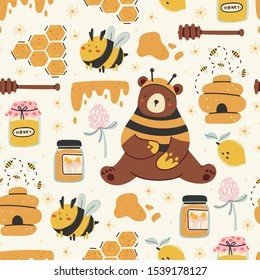 Set of cute bee, tasty healthy honey, jars, hive, honey spoon, flower, bear, honeycomb. Hand drawn colored trendy vector illustration. Cartoon style. Flat design. Seamless pattern