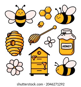 Set of cute bee, tasty healthy honey, jar, honeycombs, hives, flower, wooden honey dipper and text vector illustrations doodle. Hand drawn colored trendy vector illustration in cartoon style.