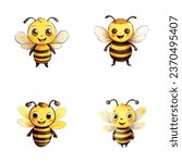 set of cute bee watercolor illustrations for printing on baby clothes, sticker, postcards, baby showers, games and books, safari jungle animals vector