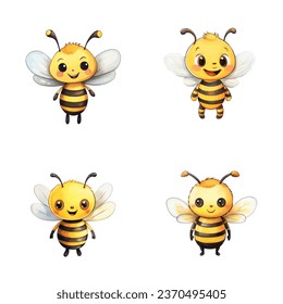 set of cute bee watercolor illustrations for printing on baby clothes, sticker, postcards, baby showers, games and books, safari jungle animals vector