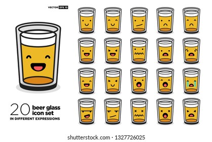 Set of Cute Beer Glass Emoji Line Icons In Different Expressions