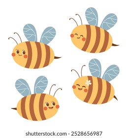 Conjunto de abejas lindas. Mosca de abeja. Ilustración vectorial de la abeja del garabato en estilo plano aislado en el fondo blanco. Primavera y verano	
