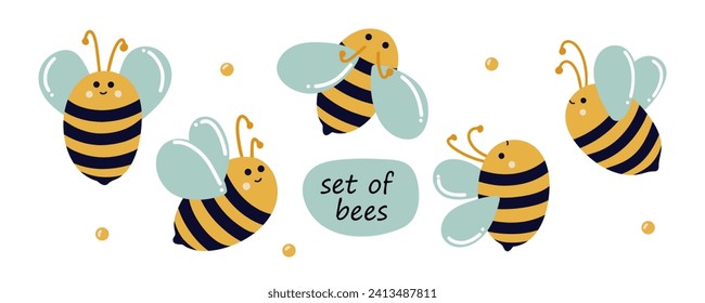 Juego de abejas lindas al estilo de las caricaturas. Las abejas vuelan en diferentes direcciones. Juego de abejas con doodle con sonrisas y ojos adorables. Abejas muy ocupadas vuelan en diferentes direcciones