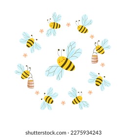 Set of cute bees with funny faces, carrying barrels of honey. Bee swarm in circle shape, wild flowers on white background.  Vector children's illustration in cartoon style for print, bee farm logo.  