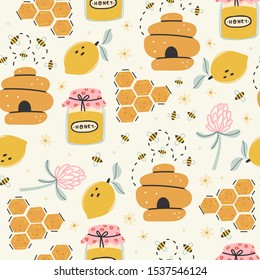 Set of cute bees, tasty healthy honey, jars, hive, flower, honeycomb. Colored trendy vector illustration. Cartoon style. Flat design. Hand drawn seamless pattern