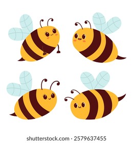Set of cute bees. Vector illustration of doodle bee in flat style isolated.