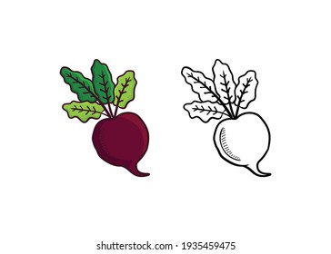 Set of cute beet illustration. Kawaii doodle beet isolated on white background. black line on outside