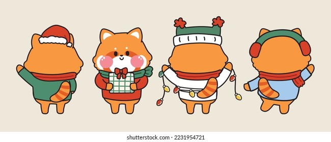 Set of cute behind red panda in merry christmas concept.Funny animal character in various poses.Cartoon hand drawn.Winter.New year.Kawaii.Vector.Illustration.