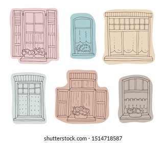 Set of cute Belgian windows. Hand-drawn vector illustration. Architectural details of old European house.