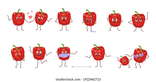 Set of cute bell peppers characters with different emotions isolated on white background. The funny or sad heroes, red vegetables have play, fall in love, keep their distance. Vector flat illustration